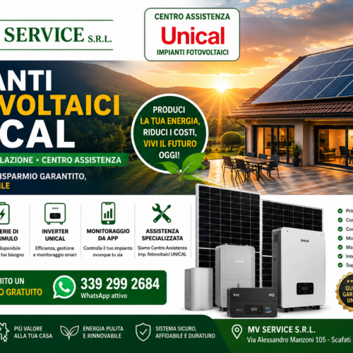 Impianto fotovoltaico UNICAL con batterie di accumulo e inverter installato da MV Service S.R.L. Centro Assistenza Fotovoltaico a Scafati.